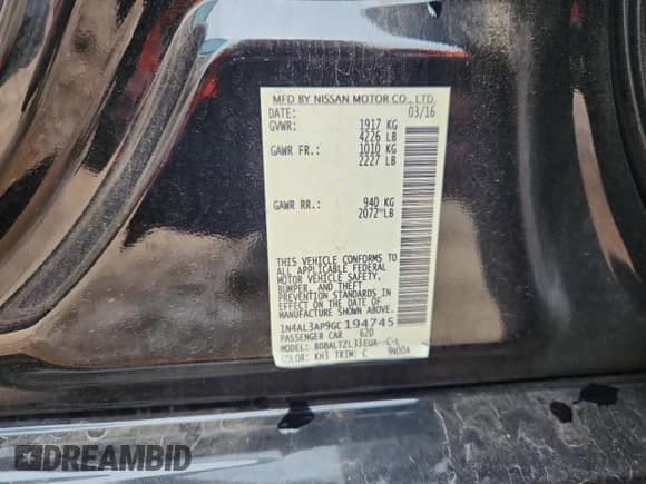 2016 Nissan Altima SR with VIN 1N4AL3AP9GC194745, listed as a Copart auction lot 82051095 with 57,656 mi miles and Salvage title. Bid and sale history available at DreamBid. Image 13.