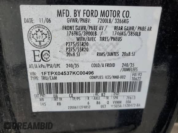 2007 Ford F-150 XLT z VIN 1FTPX04537KC00496, wystawiony jako Copart lot #85910144 z przebiegiem 153 119 mil mil oraz Czysty tytuł • Clean title. Historia ofert i sprzedaży dostępna na DreamBid. Obrazek 12.