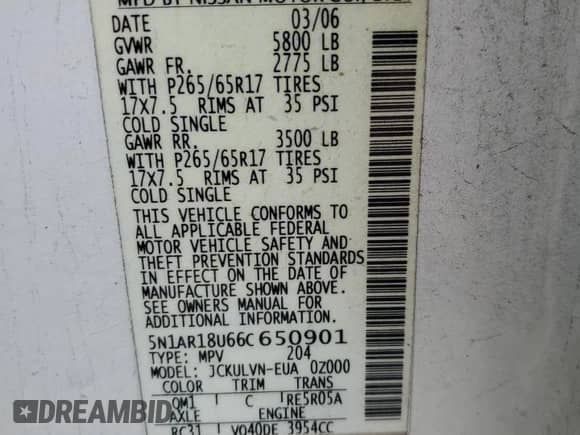 2006 Nissan Pathfinder S with VIN 5N1AR18U66C650901, listed as a Copart auction lot 76098494 with 377,046 mi miles and Salvage title. Bid and sale history available at DreamBid. Image 14.