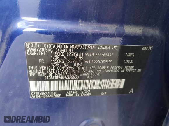 2015 Toyota RAV4 LE с VIN 2T3BFREV8FW379933, выставлен на аукционе Copart как лот 89630645 с пробегом 111 124 миль миль и Списание • Salvage title. История ставок и продаж доступна на DreamBid. Изображение 12.