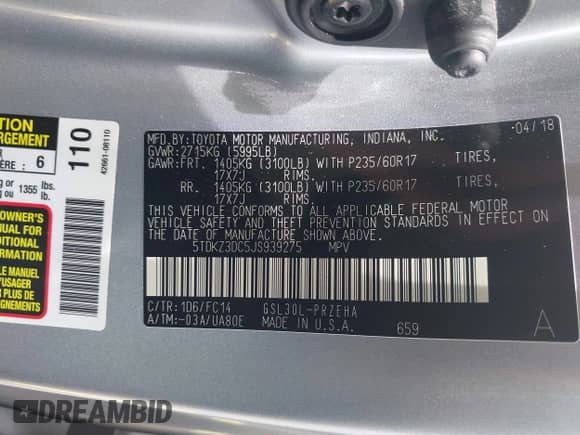 2018 Toyota Sienna LE Auto Access Seat with VIN 5TDKZ3DC5JS939275, listed as a IAAI auction lot 42752731 with 34,362 mi miles and . Bid and sale history available at DreamBid. Image 9.