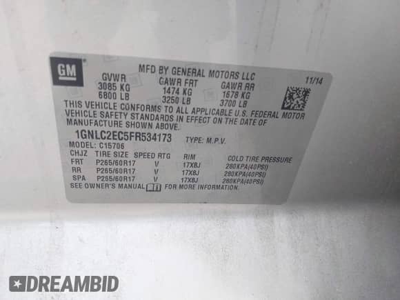2015 Chevrolet Tahoe Commercial with VIN 1GNLC2EC5FR534173, listed as a IAAI auction lot 42127196 with 150,568 mi miles and . Bid and sale history available at DreamBid. Image 9.