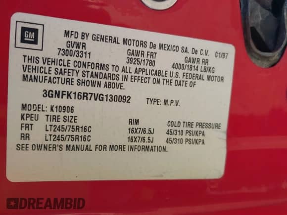 1997 Chevrolet Suburban z VIN 3GNFK16R7VG130092, wystawiony jako IAAI lot #41280028 z przebiegiem 211 493 mil mil oraz . Historia ofert i sprzedaży dostępna na DreamBid. Obrazek 9.