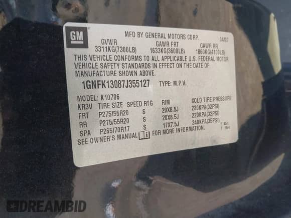 2007 Chevrolet Tahoe LTZ z VIN 1GNFK13087J355127, wystawiony jako IAAI lot #42634200 z przebiegiem 177 634 mil mil oraz . Historia ofert i sprzedaży dostępna na DreamBid. Obrazek 9.