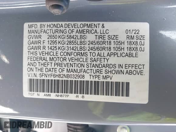 2022 Honda Pilot TrailSport with VIN 5FNYF6H82NB032908, listed as a IAAI auction lot 41401758 with 43,616 mi miles and . Bid and sale history available at DreamBid. Image 9.