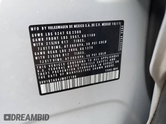 2018 Volkswagen Tiguan S with VIN 3VV1B7AX4JM071186, listed as a Copart auction lot 68552955 with 117,126 mi miles and Salvage title. Bid and sale history available at DreamBid. Image 12.