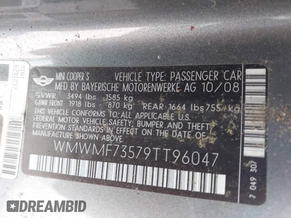 2009 MINI Hardtop S with VIN WMWMF73579TT96047, listed as a IAAI auction lot 42294180 with 109,331 mi miles and . Bid and sale history available at DreamBid. Image 9.