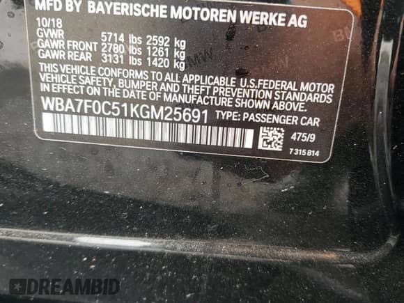 2019 BMW 7 Series 750i with VIN WBA7F0C51KGM25691, listed as a Copart auction lot 60250925 with Not provided miles and Salvage title. Bid and sale history available at DreamBid. Image 12.