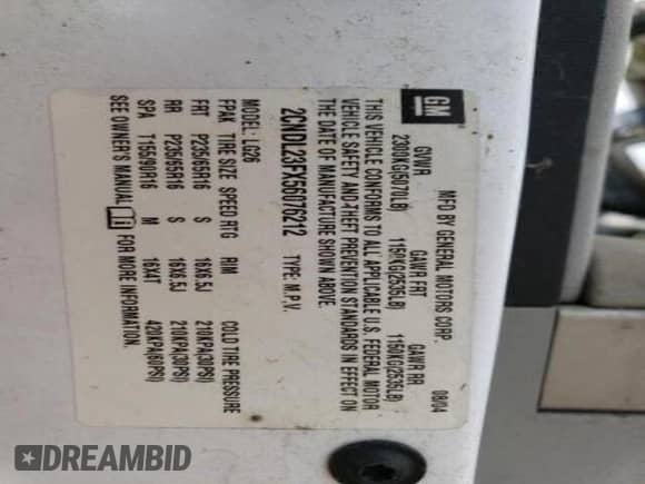 2005 Chevrolet Equinox LS z VIN 2CNDL23FX56076212, wystawiony jako Copart lot #65089674 z przebiegiem Nie podano mil oraz Szkoda całkowita • Salvage title. Historia ofert i sprzedaży dostępna na DreamBid. Obrazek 12.