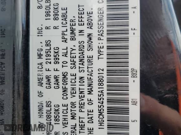 2005 Honda Accord LX с VIN 1HGCM55455A188012, выставлен на аукционе Copart как лот 66684935 с пробегом 169 058 миль миль и Чистый • Clean title. История ставок и продаж доступна на DreamBid. Изображение 12.