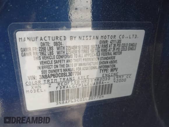 2025 Nissan Kicks SR with VIN 3N8AP6DC0SL307704, listed as a IAAI auction lot 41918886 with 5,902 mi miles and . Bid and sale history available at DreamBid. Image 9.