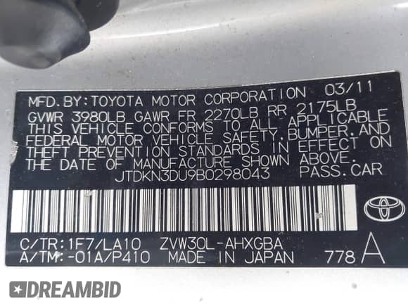 2011 Toyota Prius I with VIN JTDKN3DU9B0298043, listed as a IAAI auction lot 43085865 with 217,125 mi miles and . Bid and sale history available at DreamBid. Image 9.