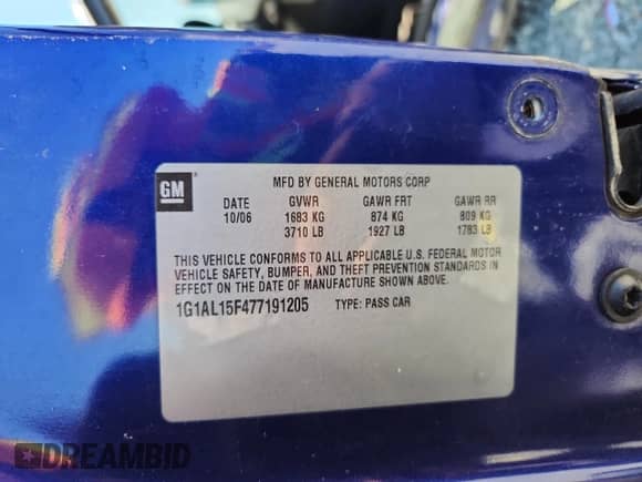 2007 Chevrolet Cobalt LT z VIN 1G1AL15F477191205, wystawiony jako Copart lot #70462435 z przebiegiem Nie podano mil oraz Szkoda całkowita • Salvage title. Historia ofert i sprzedaży dostępna na DreamBid. Obrazek 12.