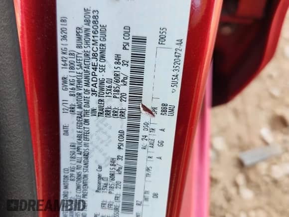 2012 Ford Fiesta SE with VIN 3FADP4EJ8CM160883, listed as a Copart auction lot 81529735 with 101,081 mi miles and Salvage title. Bid and sale history available at DreamBid. Image 12.