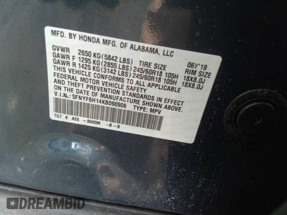 2019 Honda Pilot LX с VIN 5FNYF6H14KB090906, выставлен на аукционе IAAI как лот 38089966 с пробегом 33 762 миль миль и . История ставок и продаж доступна на DreamBid. Изображение 9.