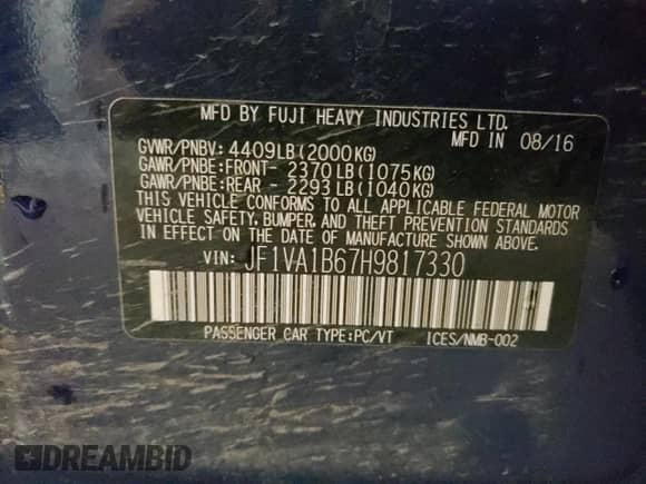 2017 Subaru WRX with VIN JF1VA1B67H9817330, listed as a Copart auction lot 62883745 with 70,284 mi miles and Salvage title. Bid and sale history available at DreamBid. Image 12.