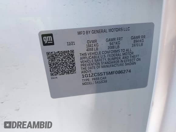 2021 Chevrolet Malibu LS with VIN 1G1ZC5ST5MF086274, listed as a IAAI auction lot 43225169 with 85,947 mi miles and . Bid and sale history available at DreamBid. Image 9.
