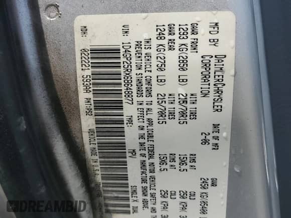 2006 Dodge Caravan SE with VIN 1D4GP25RX6B648877, listed as a Copart auction lot 63753975 with 272,716 mi miles and Salvage title. Bid and sale history available at DreamBid. Image 13.
