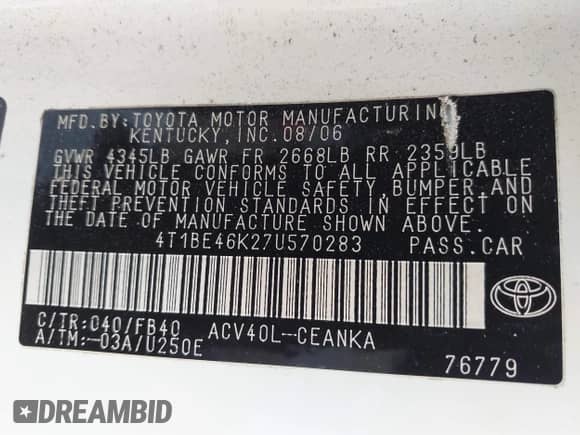 2007 Toyota Camry CE with VIN 4T1BE46K27U570283, listed as a IAAI auction lot 43471961 with 138,525 mi miles and . Bid and sale history available at DreamBid. Image 9.