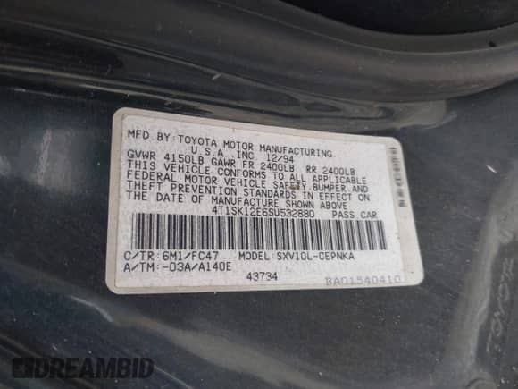 1995 Toyota Camry LE z VIN 4T1SK12E6SU532880, wystawiony jako IAAI lot #42992191 z przebiegiem 210 562 mil mil oraz . Historia ofert i sprzedaży dostępna na DreamBid. Obrazek 9.