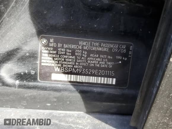 2009 BMW M3 with VIN WBSPM93529E201115, listed as a Copart auction lot 45797415 with 154,638 mi miles and Clean title. Bid and sale history available at DreamBid. Image 12.