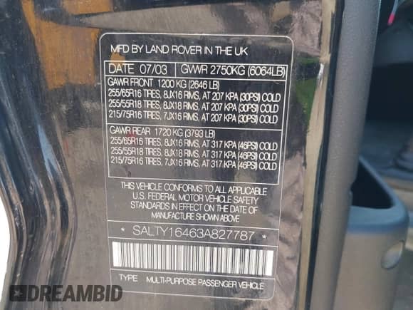 2003 Land Rover Discovery SE с VIN SALTY16463A827787, выставлен на аукционе IAAI как лот 42632479 с пробегом 175 523 миль миль и . История ставок и продаж доступна на DreamBid. Изображение 9.