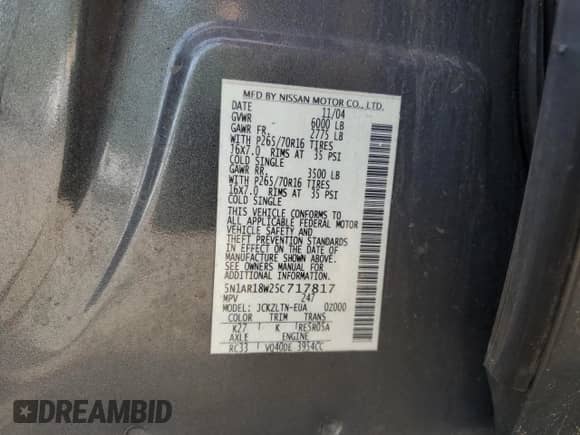 2005 Nissan Pathfinder SE with VIN 5N1AR18W25C717817, listed as a Copart auction lot 81368185 with 149,297 mi miles and Salvage title. Bid and sale history available at DreamBid. Image 13.