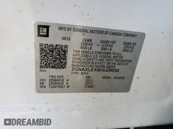 2019 Chevrolet Equinox LT с VIN 2GNAXLEX8K6109055, выставлен на аукционе Copart как лот 81058124 с пробегом 62 944 миль миль и Списание • Salvage title. История ставок и продаж доступна на DreamBid. Изображение 14.