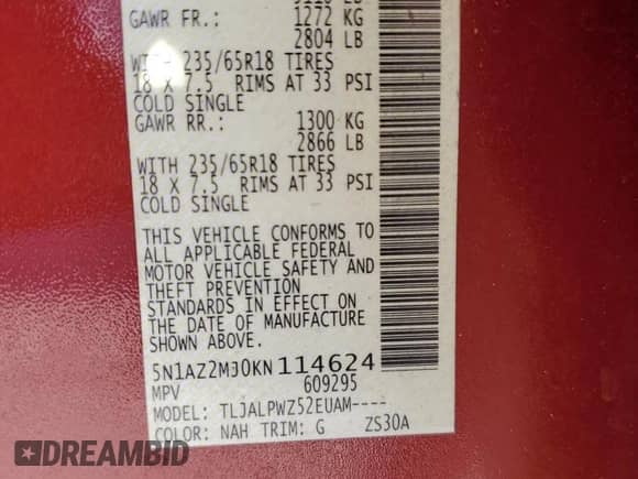 2019 Nissan Murano S with VIN 5N1AZ2MJ0KN114624, listed as a Copart auction lot 87110155 with 15,384 mi miles and Non repairable. Bid and sale history available at DreamBid. Image 13.