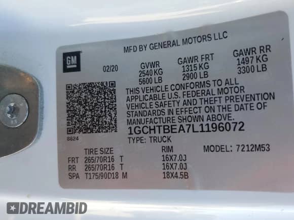 2020 Chevrolet Colorado 4WD Work Truck с VIN 1GCHTBEA7L1196072, выставлен на аукционе Copart как лот 65922755 с пробегом 102 279 миль миль и Списание • Salvage title. История ставок и продаж доступна на DreamBid. Изображение 12.