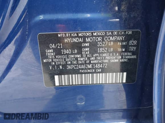 2021 Hyundai Accent SE с VIN 3KPC24A62ME148472, выставлен на аукционе IAAI как лот 42296003 с пробегом 52 308 миль миль и . История ставок и продаж доступна на DreamBid. Изображение 9.