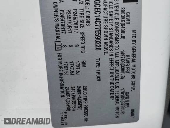 2007 Chevrolet Silverado 1500 Work Truck with VIN 1GCEC14C77E590220, listed as a Copart auction lot 80216565 with 183,667 mi miles and Salvage title. Bid and sale history available at DreamBid. Image 12.