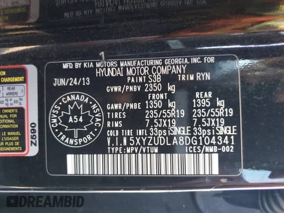 2013 Hyundai Santa Fe Sport with VIN 5XYZUDLA8DG104341, listed as a Copart auction lot 81458745 with Not provided miles and Clean title. Bid and sale history available at DreamBid. Image 13.