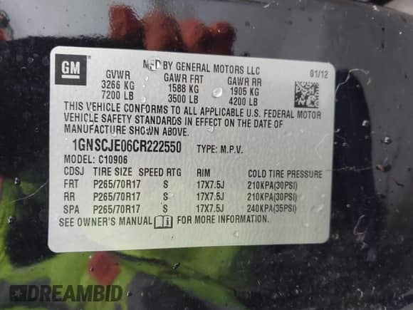 2012 Chevrolet Suburban LT с VIN 1GNSCJE06CR222550, выставлен на аукционе IAAI как лот 41783006 с пробегом 256 107 миль миль и . История ставок и продаж доступна на DreamBid. Изображение 9.