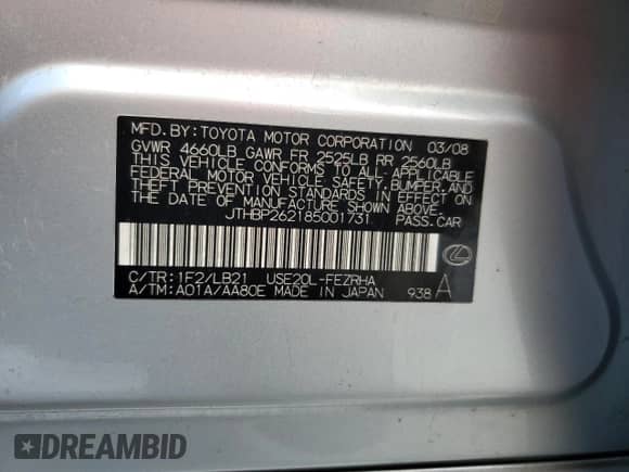 2008 Lexus IS F с VIN JTHBP262185001731, выставлен на аукционе Copart как лот 85277284 с пробегом 149 690 миль миль и Списание • Salvage title. История ставок и продаж доступна на DreamBid. Изображение 12.