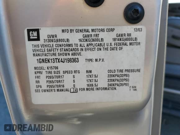 2004 Chevrolet Tahoe LT z VIN 1GNEK13TX4J198363, wystawiony jako Copart lot #70129815 z przebiegiem 224 521 mil mil oraz Szkoda całkowita • Salvage title. Historia ofert i sprzedaży dostępna na DreamBid. Obrazek 13.