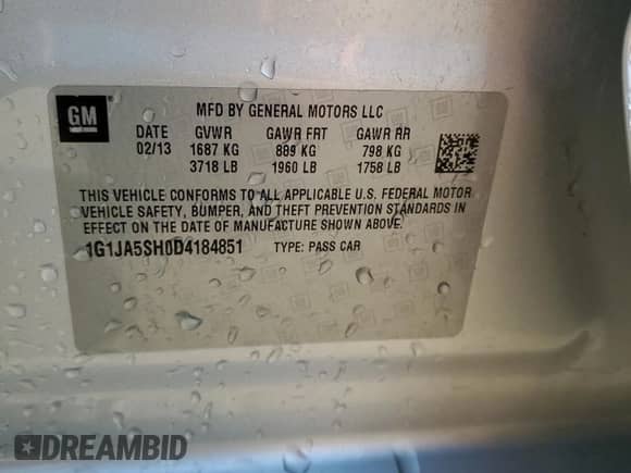 2013 Chevrolet Sonic LS with VIN 1G1JA5SH0D4184851, listed as a Copart auction lot 72102075 with 20,674 mi miles and Salvage title. Bid and sale history available at DreamBid. Image 12.