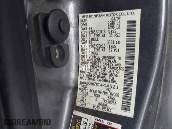 2008 Nissan Frontier SE with VIN 1N6AD06U78C444521, listed as a IAAI auction lot 42177645 with 122,198 mi miles and . Bid and sale history available at DreamBid. Image 9.