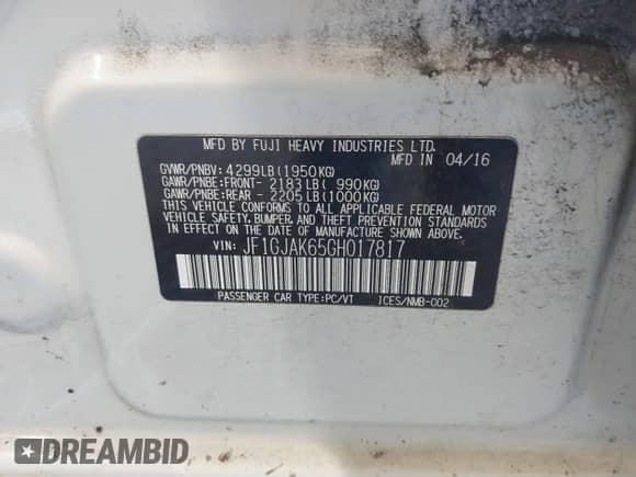 2016 Subaru Impreza Limited with VIN JF1GJAK65GH017817, listed as a IAAI auction lot 40274116 with 156,888 mi miles and . Bid and sale history available at DreamBid. Image 9.