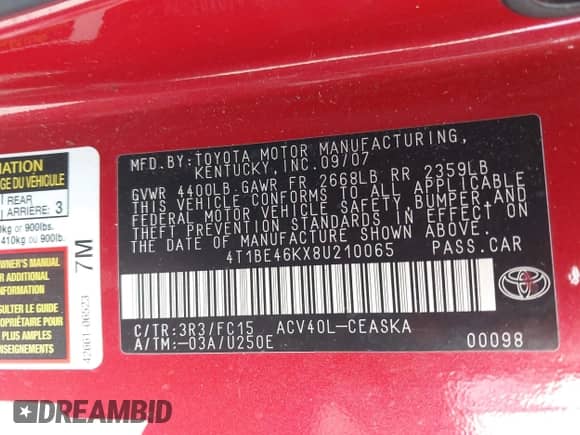 2008 Toyota Camry LE z VIN 4T1BE46KX8U210065, wystawiony jako IAAI lot #42754809 z przebiegiem 174 924 mil mil oraz . Historia ofert i sprzedaży dostępna na DreamBid. Obrazek 9.