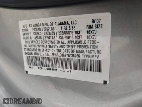 2007 Honda Odyssey EX-L с VIN 5FNRL38677B138266, выставлен на аукционе IAAI как лот 42995082 с пробегом 113 805 миль миль и . История ставок и продаж доступна на DreamBid. Изображение 9.