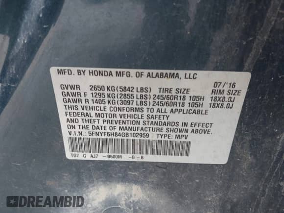 2016 Honda Pilot EX-L with VIN 5FNYF6H84GB102959, listed as a IAAI auction lot 43285996 with 166,482 mi miles and . Bid and sale history available at DreamBid. Image 9.