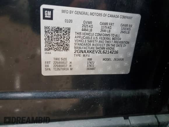 2020 Chevrolet Equinox LT with VIN 2GNAXKEV2L6214216, listed as a Copart auction lot 87294595 with 141,920 mi miles and Clean title. Bid and sale history available at DreamBid. Image 12.