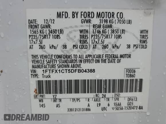 2013 Ford F-150 XL z VIN 1FTFX1CT5DFB04388, wystawiony jako Copart lot #71645485 z przebiegiem 268 352 mil mil oraz Szkoda całkowita • Salvage title. Historia ofert i sprzedaży dostępna na DreamBid. Obrazek 13.