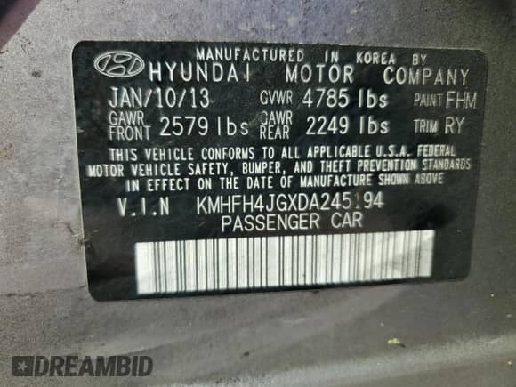 2013 Hyundai Azera z VIN KMHFH4JGXDA245194, wystawiony jako Copart lot #77252934 z przebiegiem 128 712 mil mil oraz Czysty tytuł • Clean title. Historia ofert i sprzedaży dostępna na DreamBid. Obrazek 12.