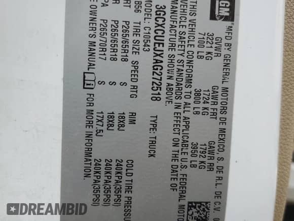 2010 Chevrolet Silverado 1500 1HY z VIN 3GCXCUEJXAG272518, wystawiony jako Copart lot #71201494 z przebiegiem 114 562 mil mil oraz Czysty tytuł • Clean title. Historia ofert i sprzedaży dostępna na DreamBid. Obrazek 13.