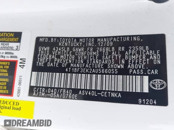 2010 Toyota Camry with VIN 4T1BF3EK2AU566055, listed as a IAAI auction lot 43174249 with 194,580 mi miles and . Bid and sale history available at DreamBid. Image 9.