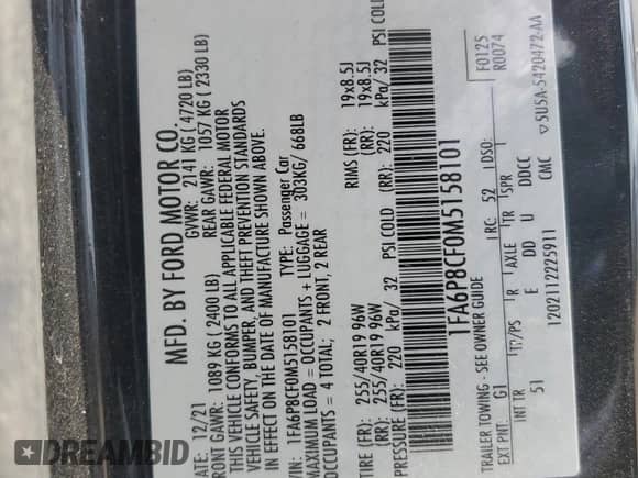 2021 Ford Mustang GT с VIN 1FA6P8CF0M5158101, выставлен на аукционе Copart как лот 63275795 с пробегом Не указан миль и На запчасти • Non repairable. История ставок и продаж доступна на DreamBid. Изображение 12.