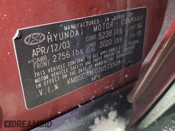 2003 Hyundai Santa Fe LX с VIN KM8SC73E03U515508, выставлен на аукционе Copart как лот 89265585 с пробегом 150 615 миль миль и Списание • Salvage title. История ставок и продаж доступна на DreamBid. Изображение 13.