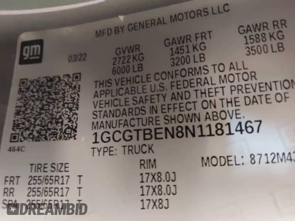 2022 Chevrolet Colorado 4WD Work Truck with VIN 1GCGTBEN8N1181467, listed as a IAAI auction lot 42411033 with 47,024 mi miles and . Bid and sale history available at DreamBid. Image 9.